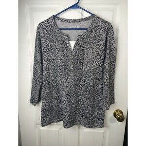 Fresh Woman L Knit Blouse Grey Black Cheetah 3/4 Sleeve Pullover Casual